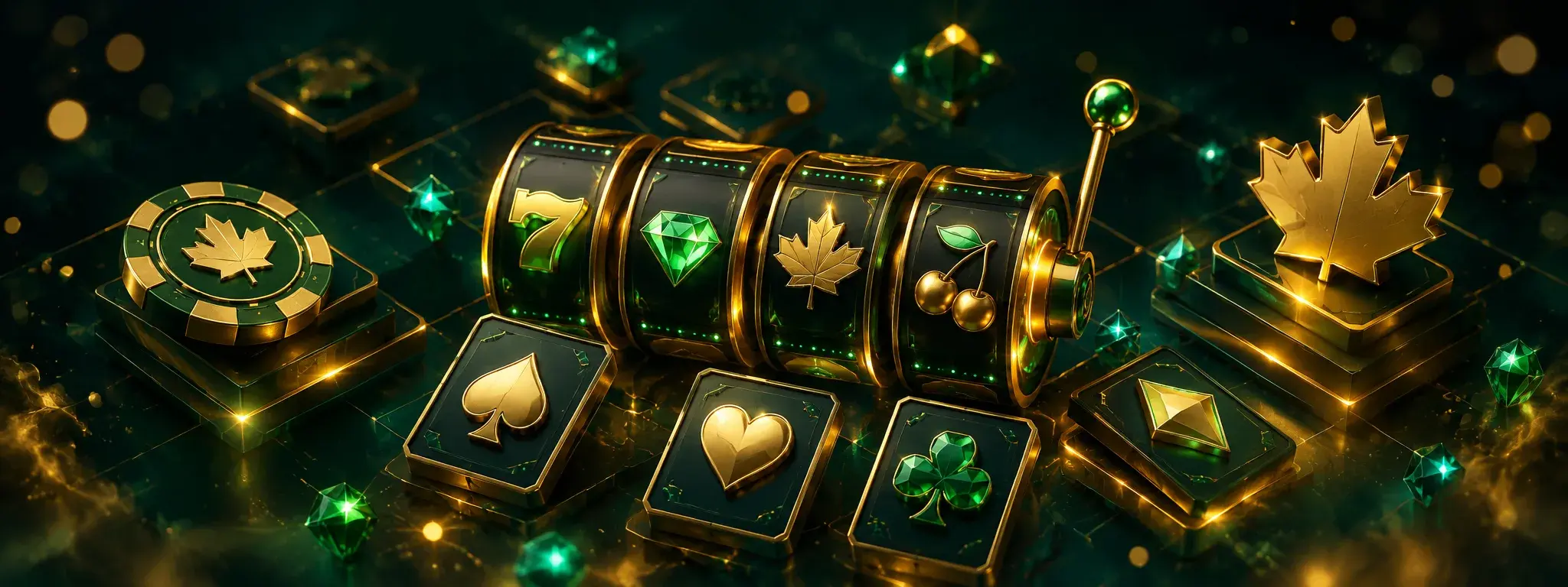 Fortune Wheelz games catalogue banner featuring slot reels, cards and maple leaf accents