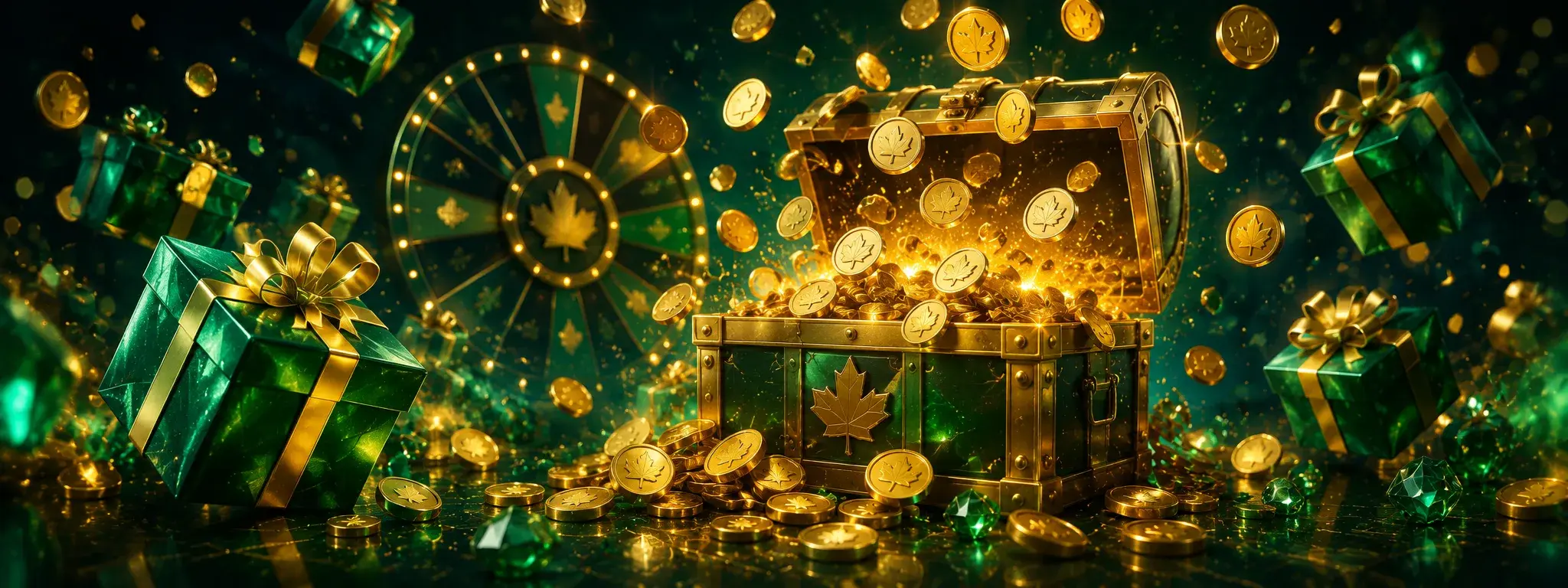 Fortune Wheelz promotions banner showing a treasure chest of gold coins and emerald gift boxes