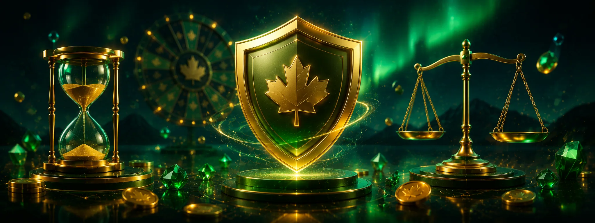 Fortune Wheelz responsible play banner showing a golden shield, hourglass and balanced scale